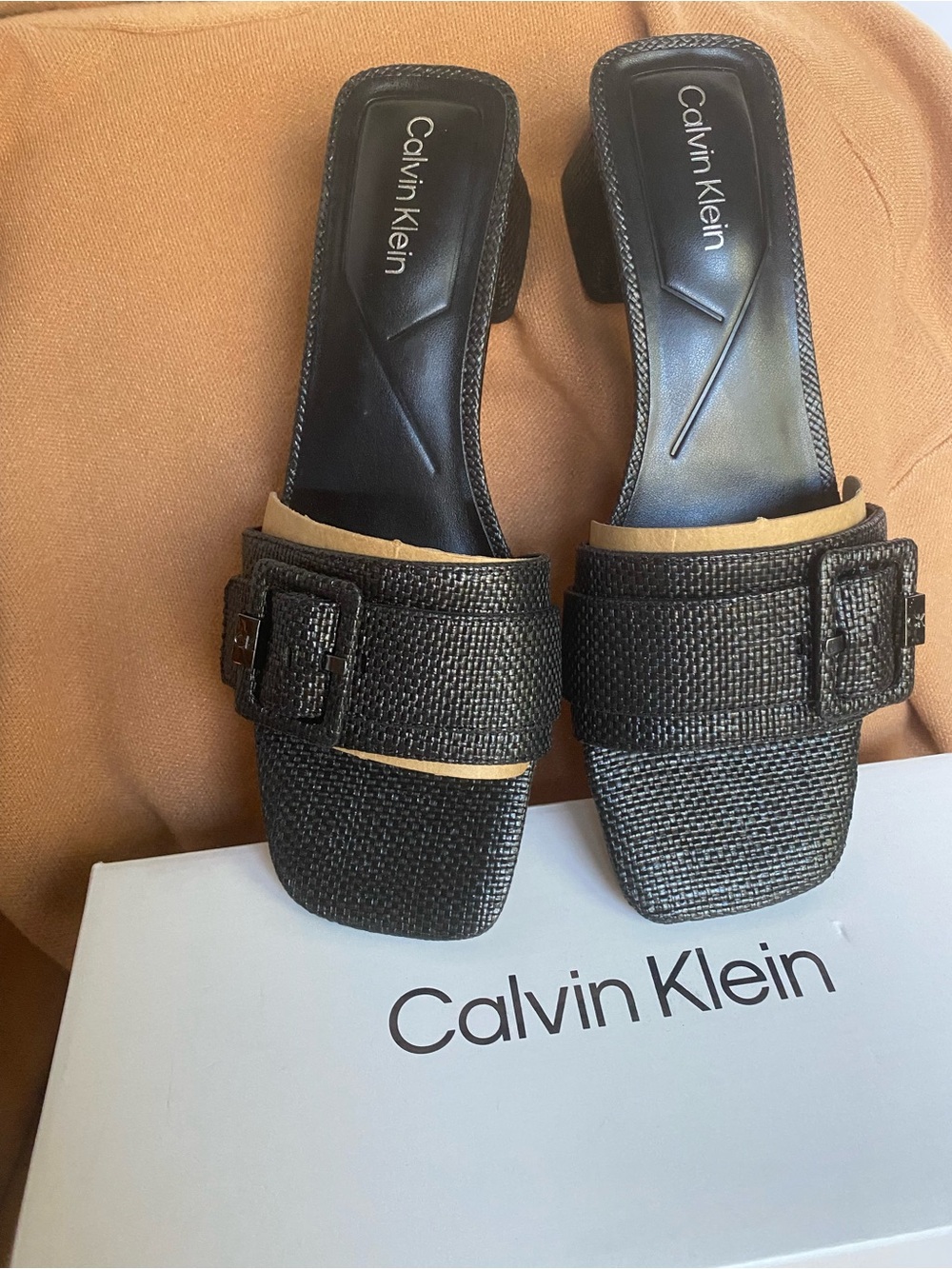 Calvin Klein Black Woven Buckle Mules